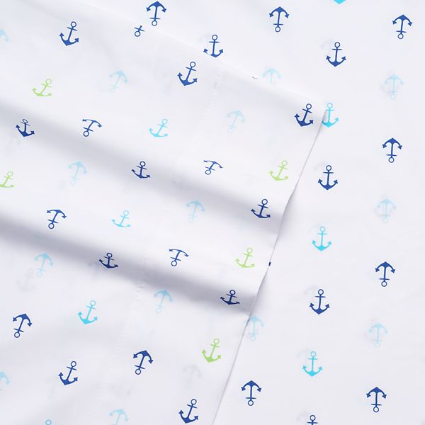 Coastal Print Microfiber Sheet Set, King, Anchors Blue