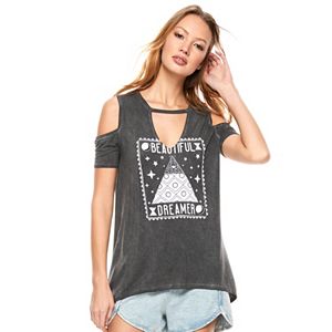 madden NYC Juniors' Cold Shoulder Swing Graphic Tee