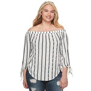 Juniors' Plus Size SO® Striped Eyelet Off The Shoulder Top