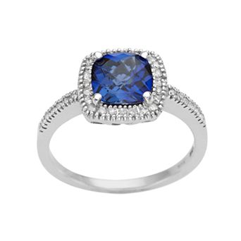 10k White Gold Lab-Created Sapphire & 1/5 Carat T.W. Diamond Cushion Halo Ring