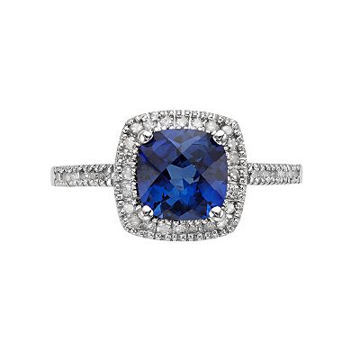 10k White Gold Lab-Created Sapphire & 1/5 Carat T.W. Diamond Cushion Halo Ring