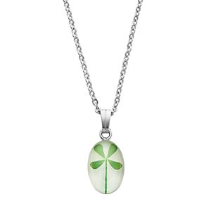 Silver Plated Four-Leaf Clover Oval Pendant Necklace