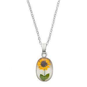 Silver Plated Sunflower Oval Pendant Necklace