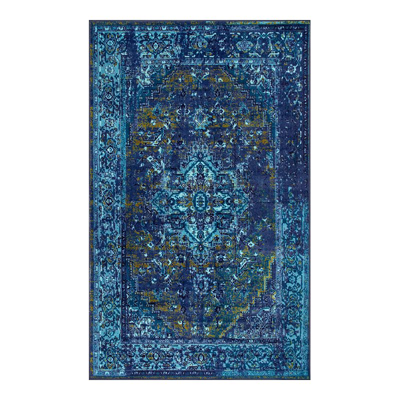 nuLOOM Giza Vintage Reiko Framed Floral Rug, Blue, 2.5X12 Ft