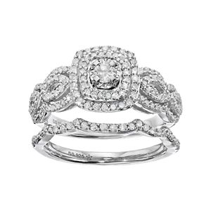 Sterling Silver 3/8 Carat T.W. Diamond Cushion Halo Engagement Ring Set