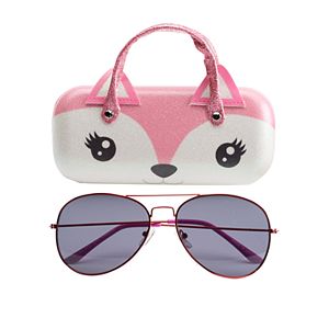 Girls 5-16 Aviator Sunglasses & Fox Hard Case Set