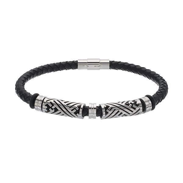 FOCUS FOR MEN Black Leather & Stainless Steel Braided Bracelet