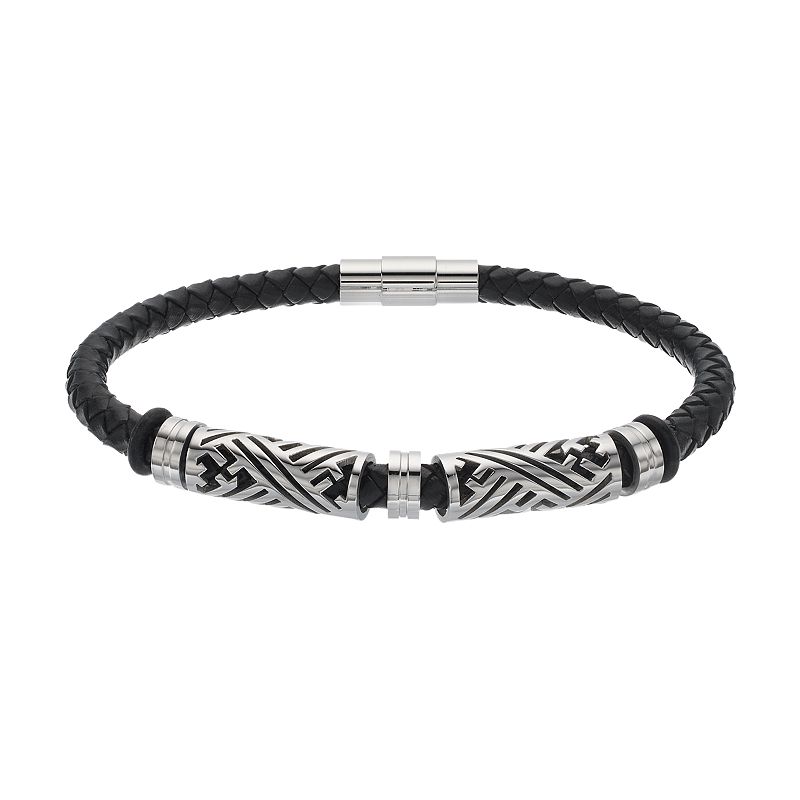 FOCUS FOR MEN Black Leather & Stainless Steel Braided Bracelet, Mens, Silv