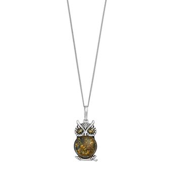 Sterling Silver Amber Owl Pendant Necklace