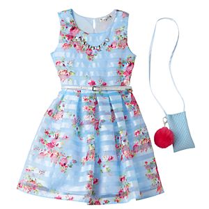 Girls 7-16 Knitworks Belted Floral Shadow Stripe Dress with Necklace & Crossbody Accessory Purse