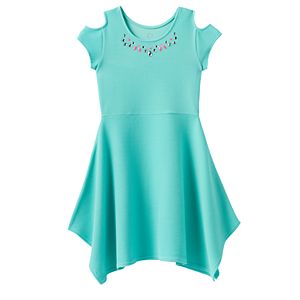 Girls 7-16 SO® Cold Shoulder Embellished Textured Handkerchief Hem Dress