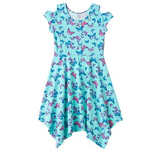 Girls 7-16 SO® Cold Shoulder Embellished Patterned Handkerchief Hem Dress