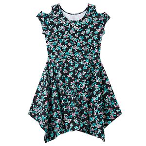 Girls 7-16 SO® Cold Shoulder Embellished Patterned Handkerchief Hem Dress