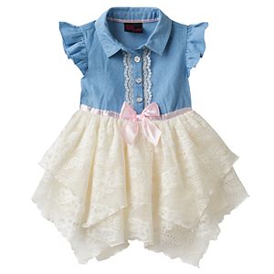 Baby Girl Little Lass Chambray & Lace Handkerchief Hem Dress