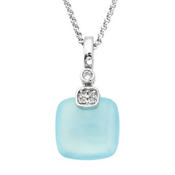 Jewelmak Sterling Silver Blue Agate & White Topaz Cushion Pendant Necklace