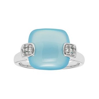 Jewelmak Sterling Silver Blue Agate & White Topaz Cushion Ring