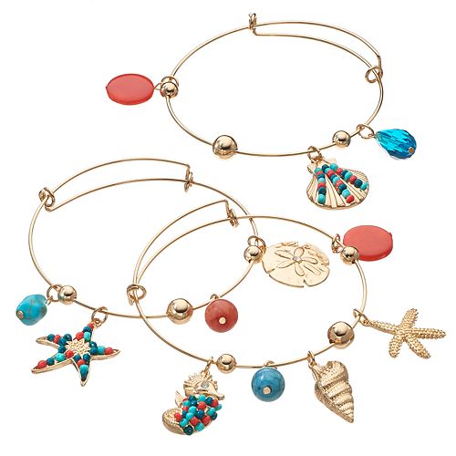 Seahorse, Seashell & Starfish Charm Bangle Bracelet Set