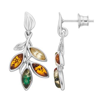 Sterling Silver Amber Leaf Drop Earrings