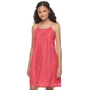 Juniors' Lily Rose Tie-Neck Lace Shift Dress