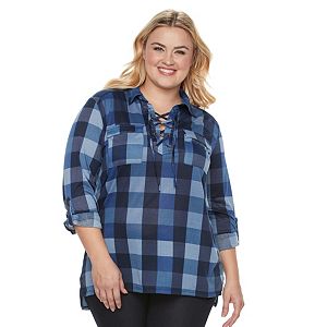 Plus Size French Laundry Lace-Up Plaid Tunic