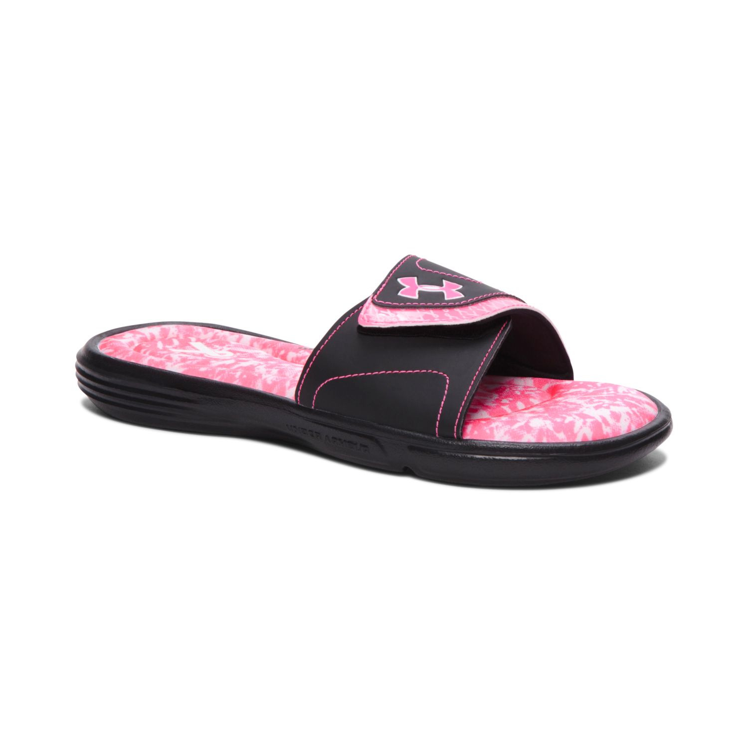 pink and black under armour slides