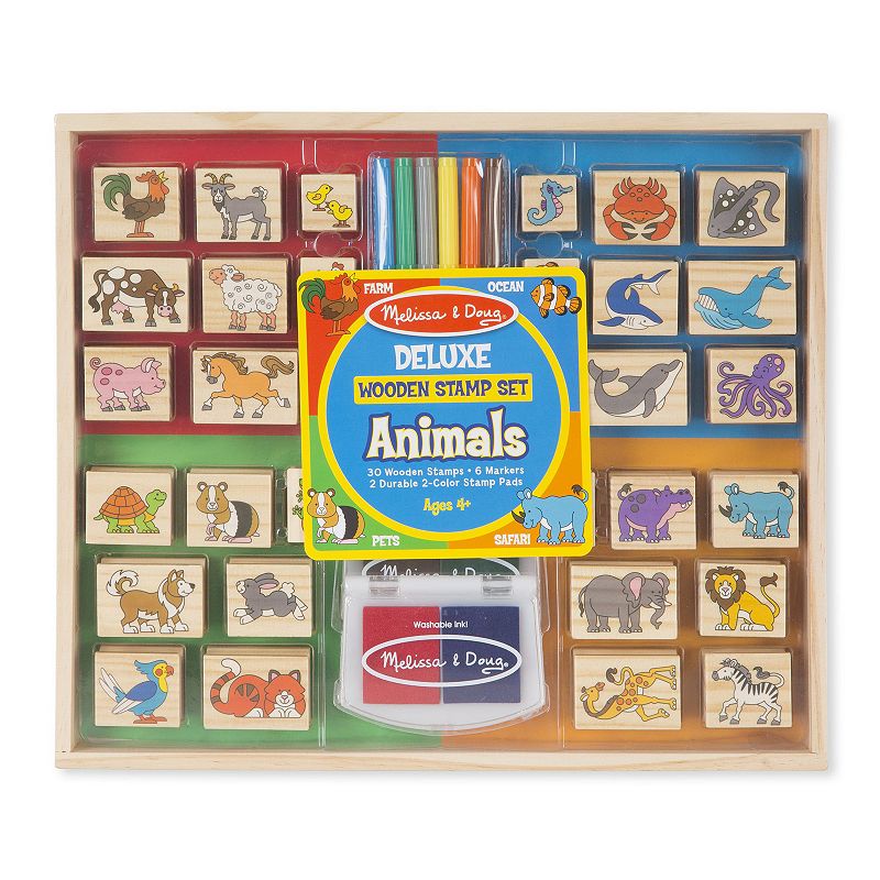 Melissa & Doug Deluxe Wooden Stamp Set: Animals - 30 Stamps  6 Markers  2 Stamp Pads