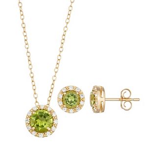 18k Gold Over Silver Peridot & Cubic Zirconia Halo Pendant & Stud Earring Set
