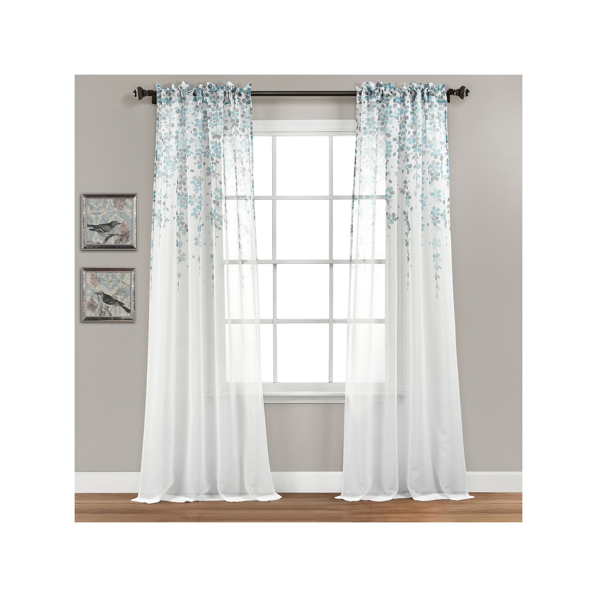 Half Moon 2 Weeping Flowers Window Curtain Panels, Blue Gray