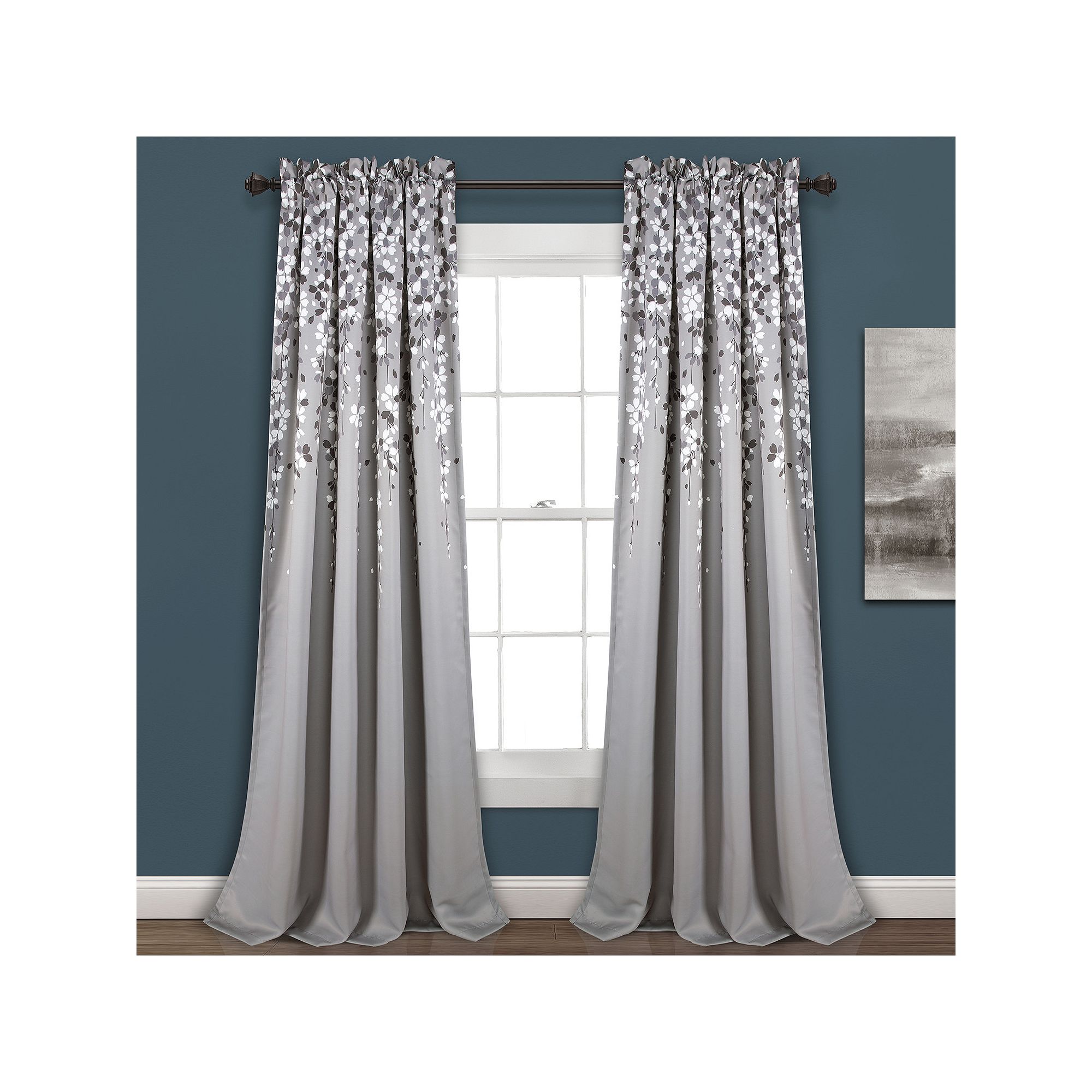 Half Moon 2 Weeping Flowers Window Curtain Panels, Gray