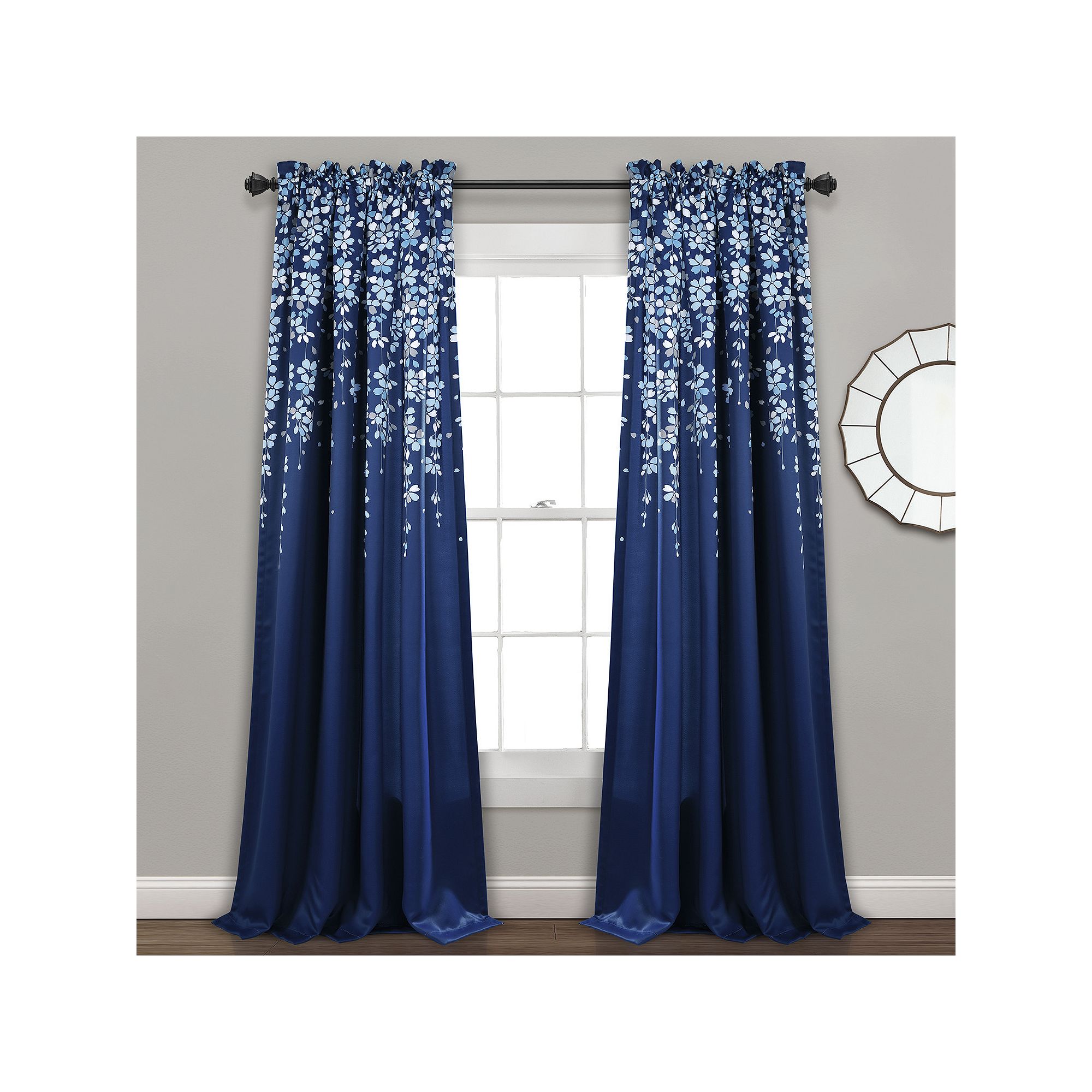 Half Moon 2 Weeping Flowers Window Curtain Panels, Blue