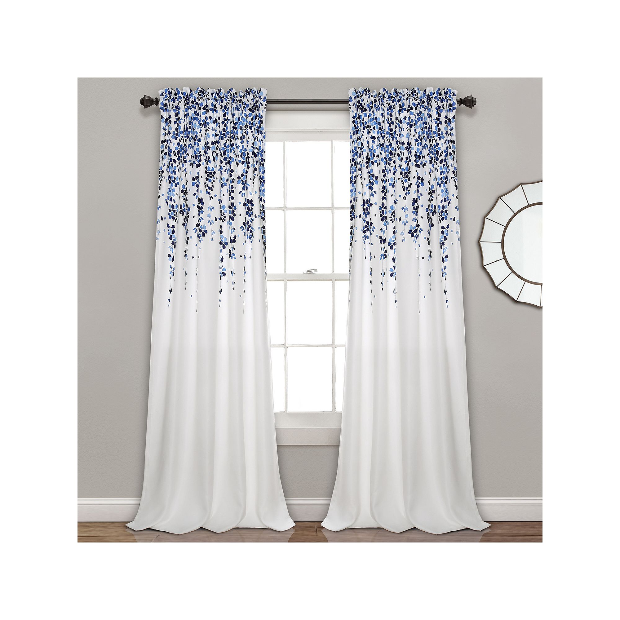 Half Moon 2 Weeping Flowers Window Curtain Panels, Navy Blue
