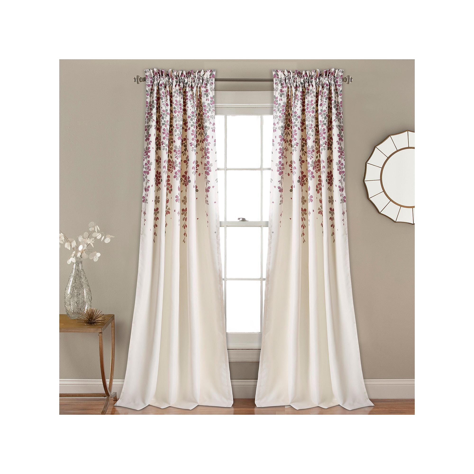 Half Moon 2 Weeping Flowers Window Curtain Panels, Purple Gray