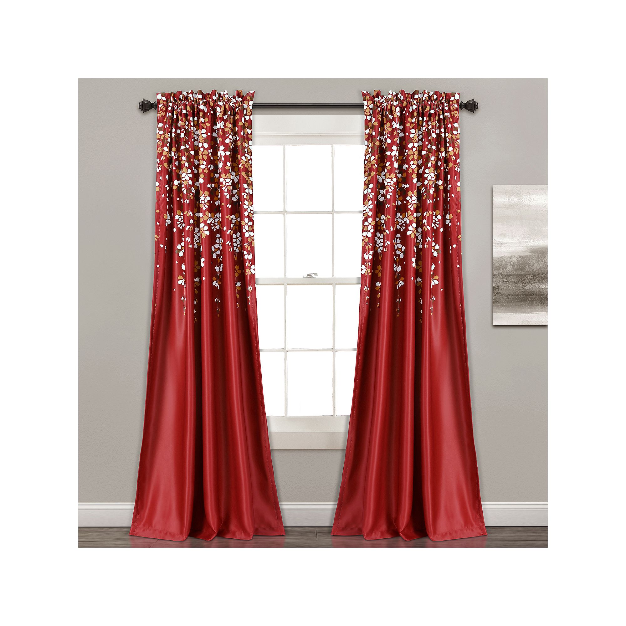 Half Moon 2 Weeping Flowers Window Curtain Panels, Red