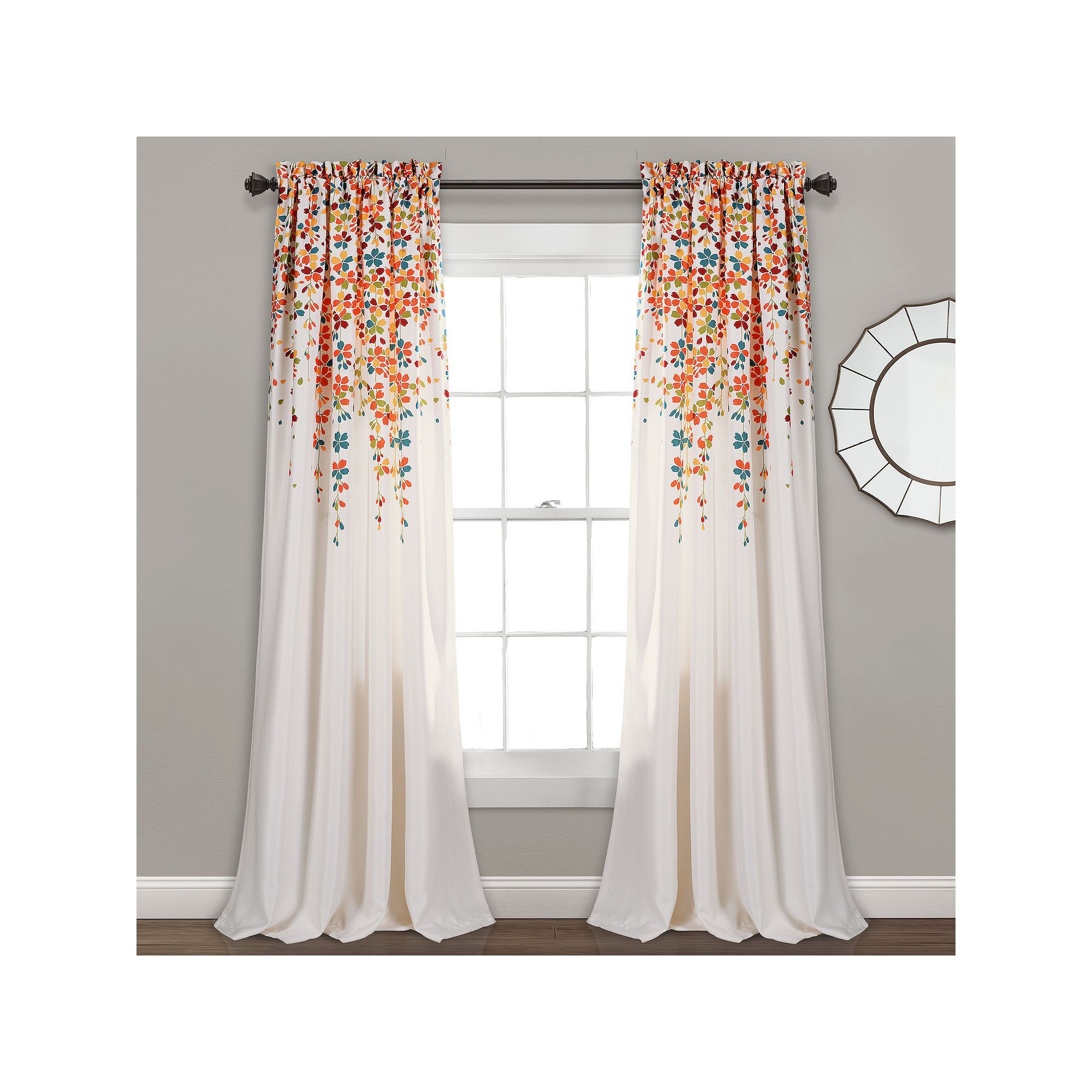 Half Moon 2 Weeping Flowers Window Curtain Panels, Turquoise Orange