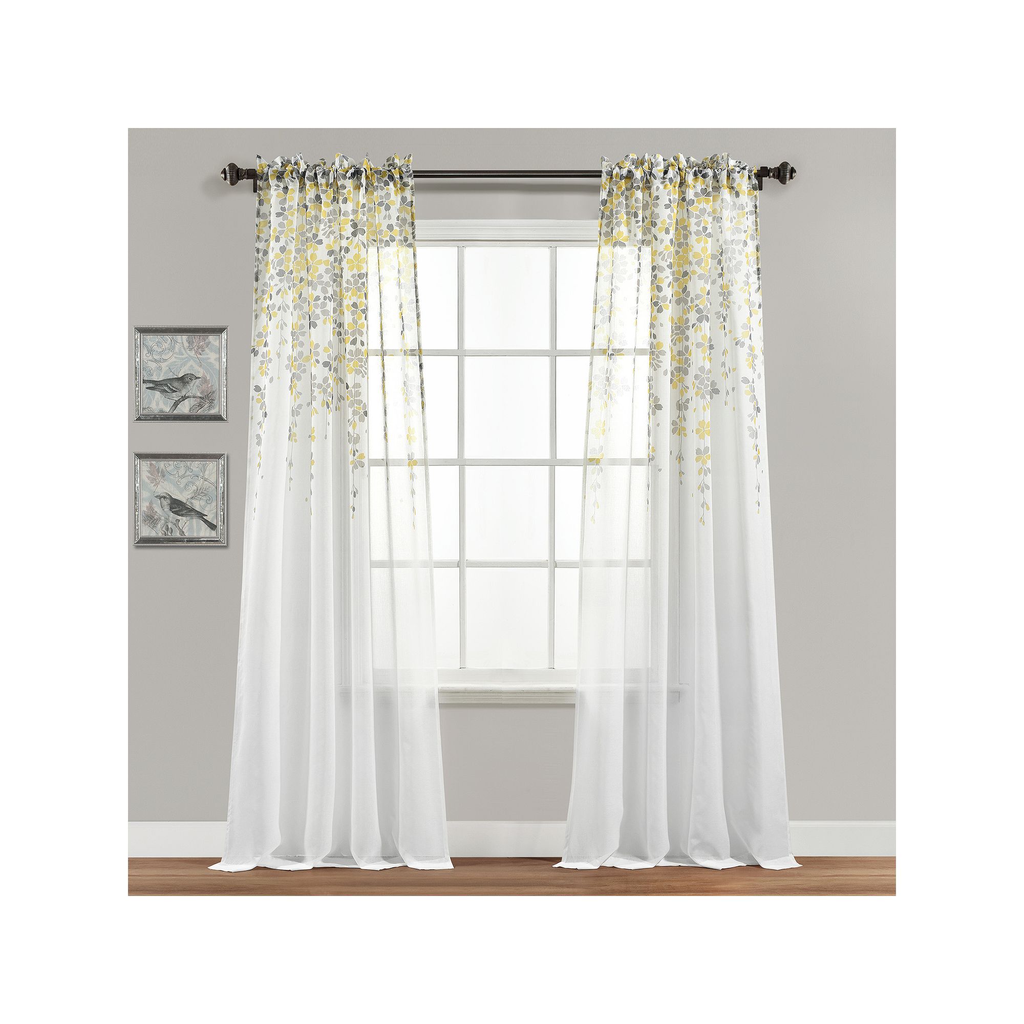 Half Moon 2 Weeping Flowers Window Curtain Panels, Yellow Gray