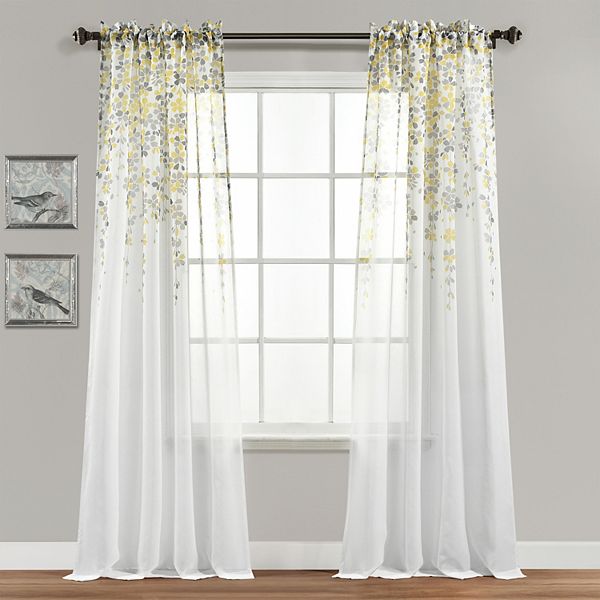 2pk 38"x84" Sheer Weeping Flower Curtain Panels Yellow/Gray - Lush D&eacute;cor
