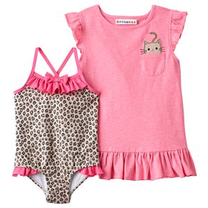 Baby Girl Wippette Cat Cover Up & Cheetah Print One-Piece Swimsuit Set