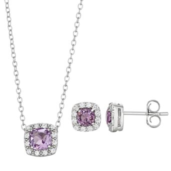 Classic Treasures Sterling Silver Amethyst & Cubic Zirconia Cushion Halo Pendant & Stud Earring Set