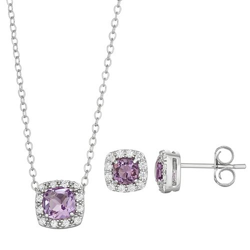 Sterling Silver Amethyst & Cubic Zirconia Cushion Halo Pendant & Stud ...