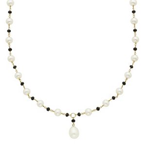 14k Gold Black Spinel & Freshwater Cultured Pearl Beaded Y Necklace