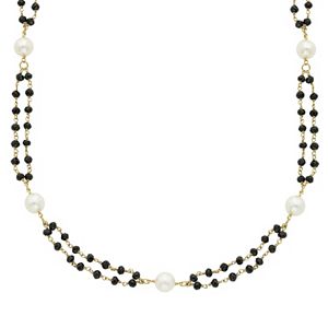 14k Gold Black Spinel & Freshwater Cultured Pearl Double Strand Beaded Necklace