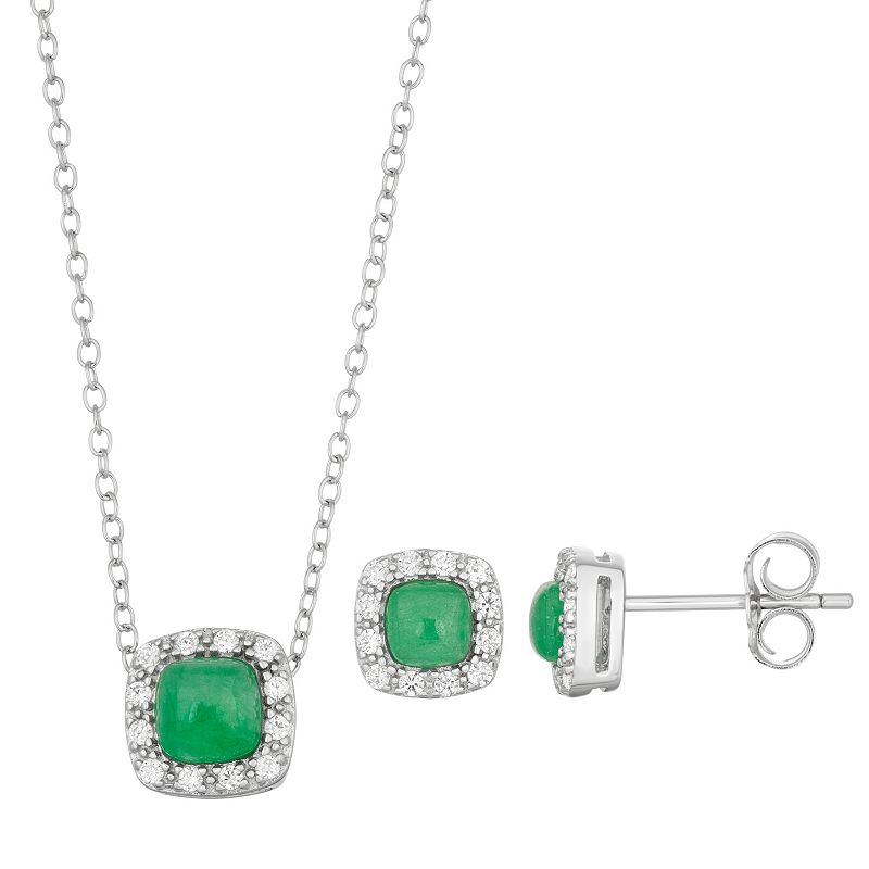 Sterling Silver Simulated Jade & Cubic Zirconia Cushion Halo Pendant & Stu