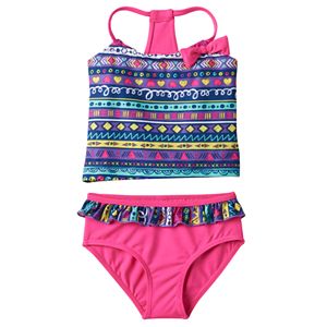 Toddler Girl Geometric Print Tankini & Ruffled Bottoms Swimsuit Set