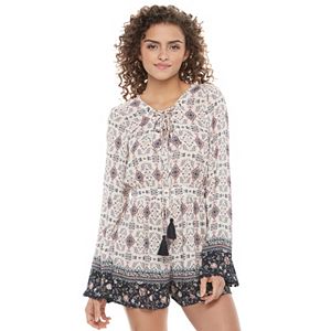 Juniors' Rewind Print Bell Sleeve Lace-Up Romper