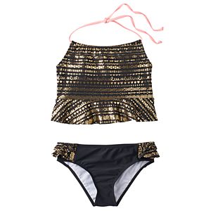 Girls 7-16 Pink Platinum Gold Foil Tankini & Scoop Bottoms Swimsuit Set
