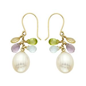 14k Gold Gemstone Briolette & Freshwater Cultured Pearl Drop Earrings