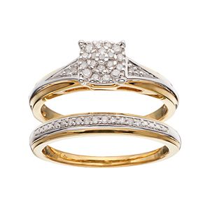 14k Gold Over Silver 1/6 Carat T.W. Diamond Square Engagement Ring Set