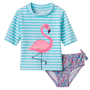 Baby Girl Carter's Striped Flamingo Rashguard & Floral Swim Bottoms Set