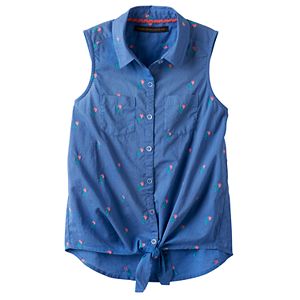 Girls 7-16 SO® Button-Down Patterned Tie-Front Top