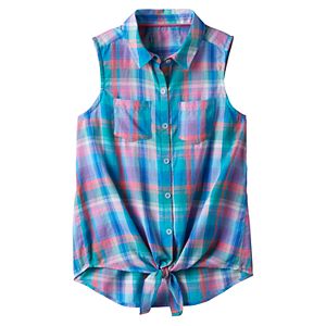Girls 7-16 SO® Button-Down Patterned Tie-Front Top